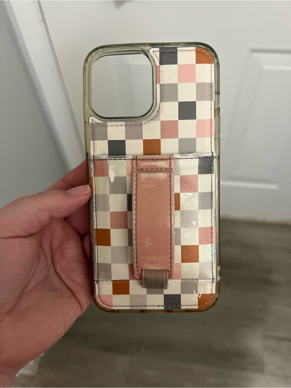 Pink Strap Checkered Phone Case with Secure Grip